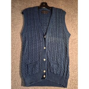 Vintage Ralph Lauren Mens Cable Knit Cardigan Vest Blue Large V-Neck Hong Kong